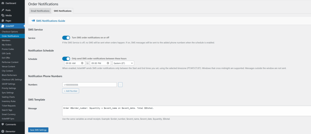 ticketWP SMS Order Notification Service