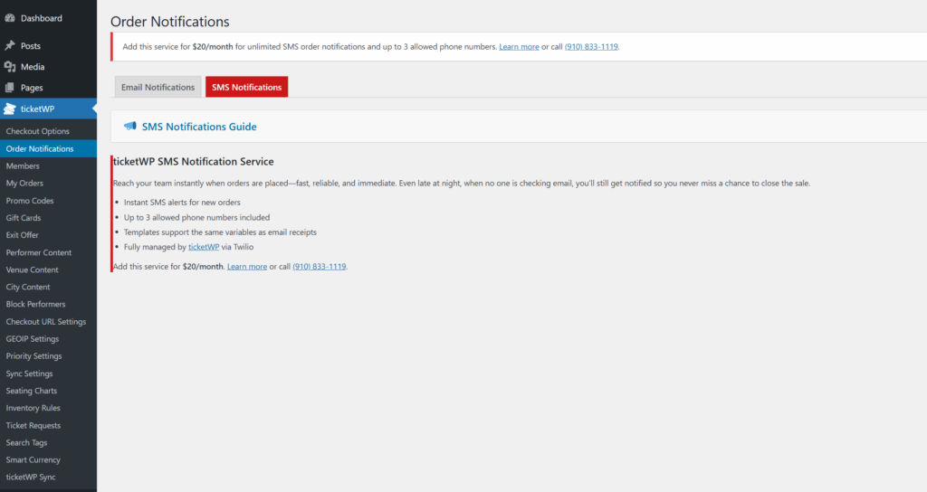 ticketWP SMS Order Notifications Inactive